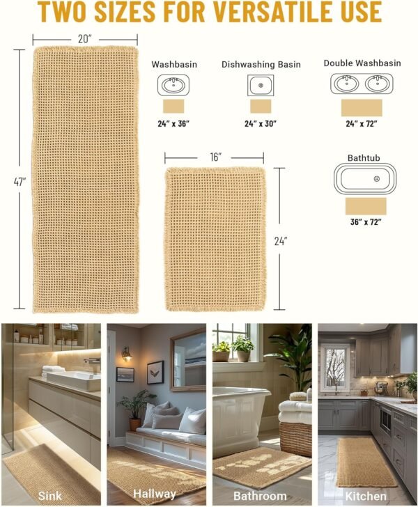 Large Waffle Bath Mat Set, Non Slip Bathroom Mat Set, Ultra Absorbent Bath Mats for Bathroom Decor, Extra Soft Floor Bathroom Rugs Sets 2 Piece, Washable Bath Rugs (20"×47" and 16"×24")