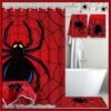 Nuanchu 6 Pcs Spider Shower Curtain Set with Bath Mat U Shaped Mat Toilet Cover 2 Bath Towels and 12 Hooks Red Bathroom Decor Spider Bathroom Set, 71 x 71 Inch
