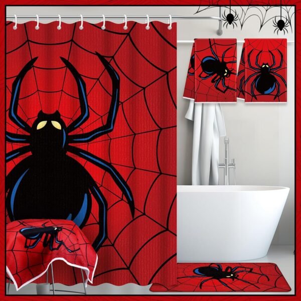 Nuanchu 6 Pcs Spider Shower Curtain Set with Bath Mat U Shaped Mat Toilet Cover 2 Bath Towels and 12 Hooks Red Bathroom Decor Spider Bathroom Set, 71 x 71 Inch