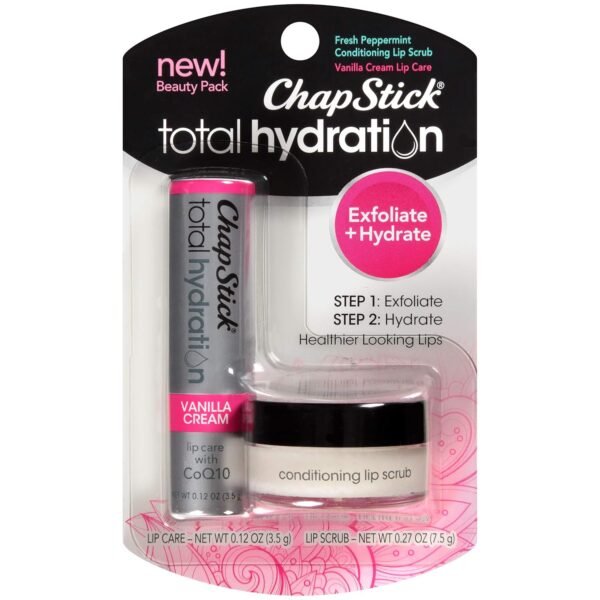 81d5IdJiaoL._SL1500_.jpg ChapStick Total Hydration Vanilla Cream Moisturizing Lip Balm and Fresh Peppermint Conditioning Lip Scrub Beauty Pack, Lip Care - 0.12 Oz Lip Balm Tube, 0.27 Oz Lip Scrub