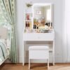 LIKIMIO Small Makeup Vanity Desk with Mirror and Lights, Vanity Table Set with Storage Drawer, Chair and Three Shelves, Bedroom, White