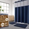 3 Pcs No Hook Navy Blue Shower Curtain Set with Chenille Bath Rugs - 71" x 74" Shower Curtain with Snap-in Fabric Liner & Non-Slip Water Absorbent Bathroom Mats Set Accessories