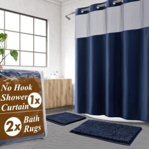 3 Pcs No Hook Navy Blue Shower Curtain Set with Chenille Bath Rugs - 71" x 74" Shower Curtain with Snap-in Fabric Liner & Non-Slip Water Absorbent Bathroom Mats Set Accessories