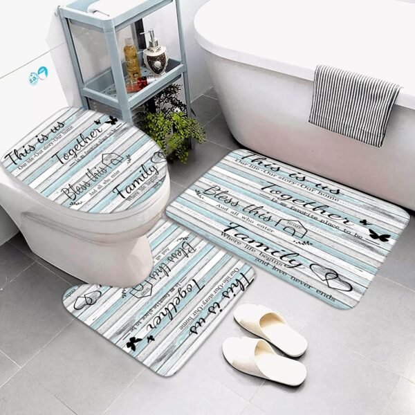 juwute 4Pcs Family Shower Curtain Sets with Non-Slip Rugs, Toilet Lid Cover and Bath Mat, Wood Grain Home Bathroom Decor Set Accessories Waterproof Shower Curtains with 12 Hooks, 72 x 72 Inch