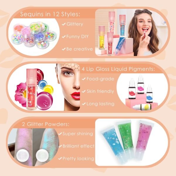 DIY Lip Gloss Making Kit - All-in-One to Make Your Own Lip Care Gloss Set with Clear Base, Pigments, Glitter, Tubes, Fun Creative Gift for Women Girls Makeup Lovers in Christmas Birthdays