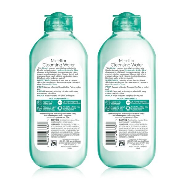 Garnier Micellar Water with Hyaluronic Acid, Facial Cleanser & Makeup Remover, Hydrating and Plumping, For All Skin Types, Vegan, Cruelty Free, 13.5 Fl Oz (400mL), 2 Count