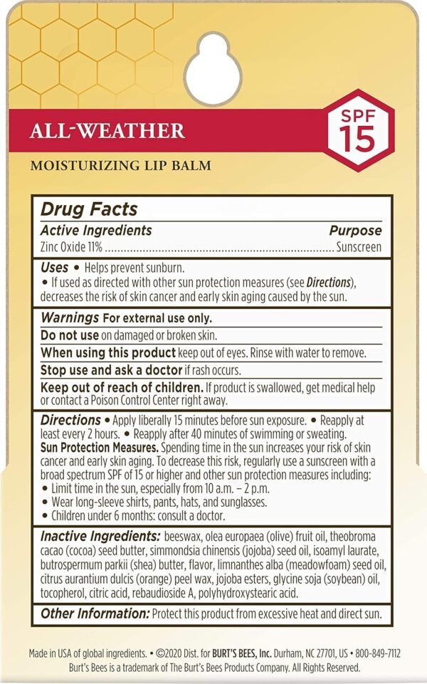 81djX9is5aL._SL1500_.jpg Burt's Bees All Weather SPF 15 Lip Balm, Water-Resistant Lip Moisturizer, Tint-Free, Natural Conditioning Treatment, 2 Tubes, 0.15 oz.