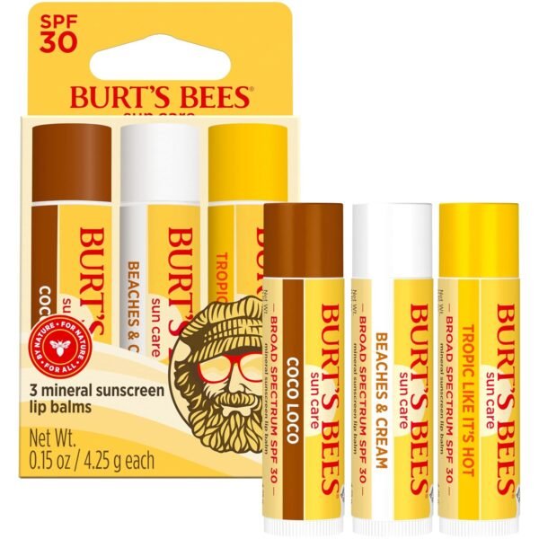81e4WrPmdZL._SL1500_.jpg Burt’s Bees SPF 30 Lip Balm, Island Getaway - Coco Loco, Beaches & Cream, Tropic Like It's Hot, Water-Resistant Sun Care, Natural Origin Lip Treatment, 3 Tubes, 0.15 oz