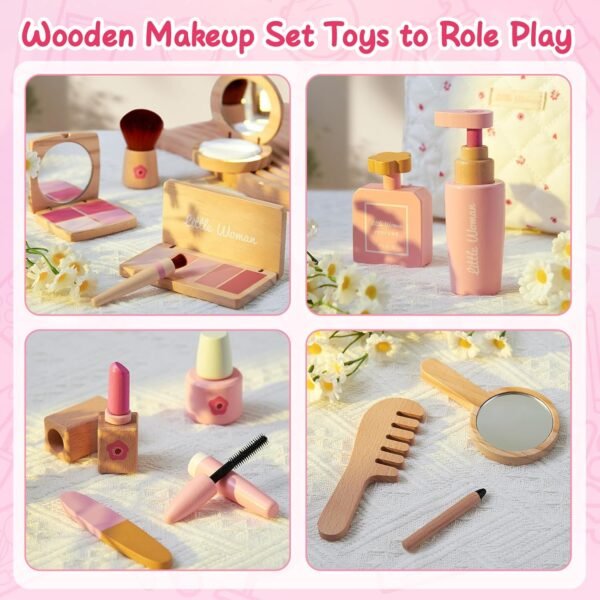Wooden Makeup Toy Set for Girls Pretend Play Makeup Kit for Toddlers 3-5 with Eyeshadow/ Mascara/ Perfume/ Blush/ Mirror/ Bag, Birthday Gifts for Girls Toys Kids Aged 3 4 5 6 7 8