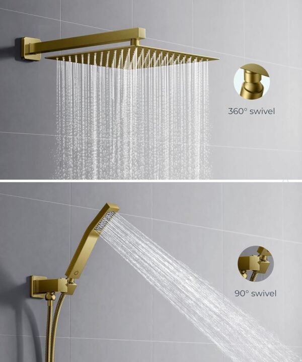 FORIOUS Rain Shower Head System, 10 Inch Shower Faucet Set with with handheld combo, Solid Brass Pressure Balanced Valve and Trim Kit Fixtures, Wall Mounted, Brushed Gold