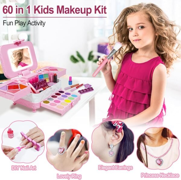 60 in 1 Kids Makeup Kit, with 3-Color Led Makeup Mirror Real Washable Kids Makeup Sets for Girls 5-8, Perfect Girl Birthday Gift, Age 3+