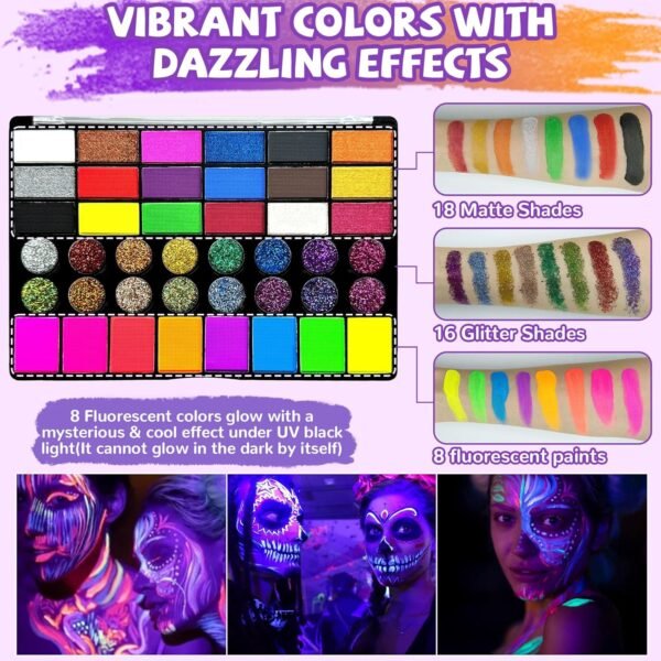 Professional Face Painting Kit for Kids – 42 Color Water Activated Facepaint Makeup Kit, Non-Toxic face Paint with Stencils, Gems, Brushes– for Halloween, Parties, Carnival, School Event & Festivals
