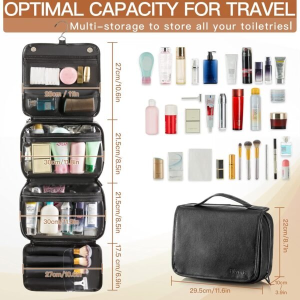 Elviros Hanging Toiletry Bag Removable Travel Bag PU leather Makeup Cosmetic Organizer Kit, Black