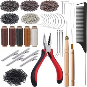81fStM-lJnL._AC_SL1500_.jpg Fedmut Hair Extension Tools Kit, 5 Colors 1000Pcs Micro Silicone Rings Beads with Hair Extension Remove Pliers, Pulling Hook, Threads, Needle for Hair Extensions Hair Styling