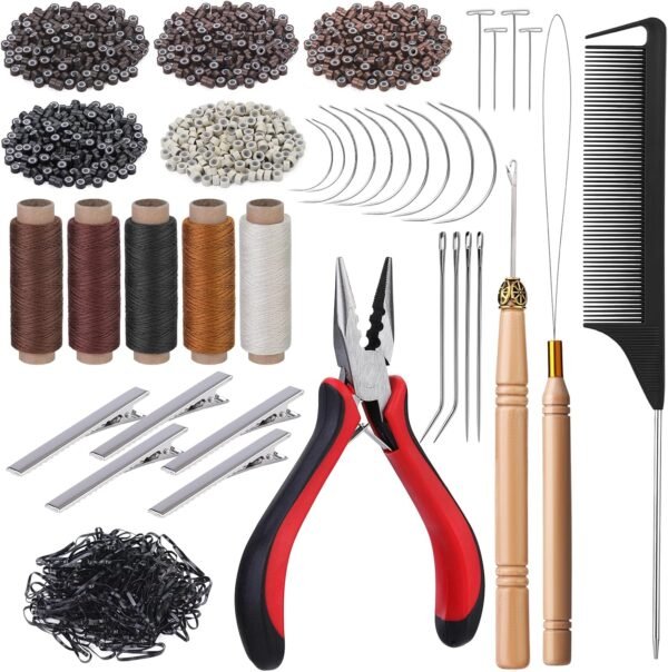 81fStM-lJnL._AC_SL1500_.jpg Fedmut Hair Extension Tools Kit, 5 Colors 1000Pcs Micro Silicone Rings Beads with Hair Extension Remove Pliers, Pulling Hook, Threads, Needle for Hair Extensions Hair Styling