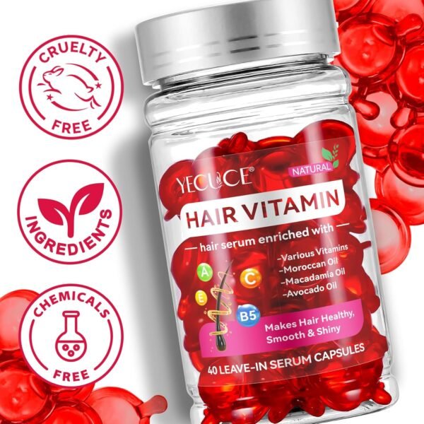 Hair Treatment Serum - Hair Vitamin Serum Capsule - Hair Styling Serum with Vitamins A C E Pro B5 - No Rinse with Moroccan, Macadamia & Avocado Oil for Women & Men - 40 Capsules(2 Pack), Red