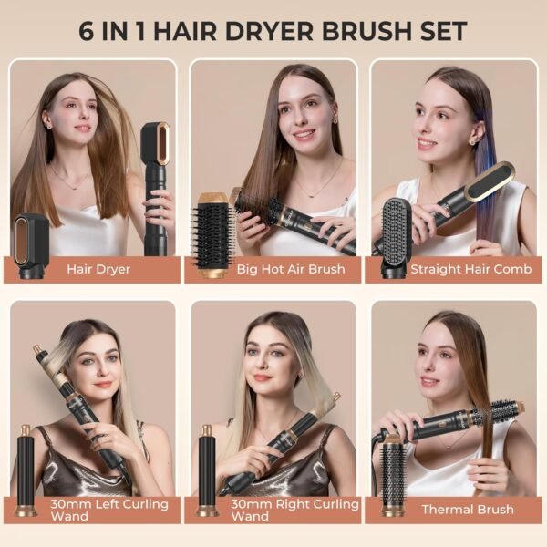 6 in ONE Blow Dryer Brush,Air Curling Iron Round Brush for Blow Out 800W,Ionic Hair Dryer Brush for Women, Blowout Brush Air Styler Curler (Black Gold)