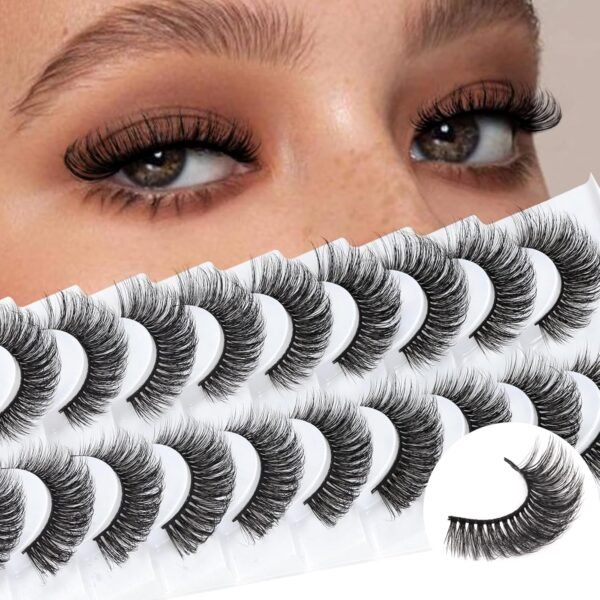 Veleasha Russian Strip Lashes D Curl False Eyelashes Fluffy Wispy Faux Mink Lashes 10 Pairs Pack (D01)