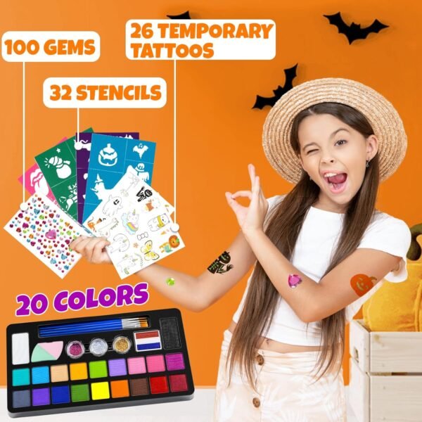 Face Painting Kit for Kids - 20 Colors Water Based Non-Toxic Paint With Stencils & Brushes - Professional Body Makeup Kit for Parties, Birthdays, Halloween