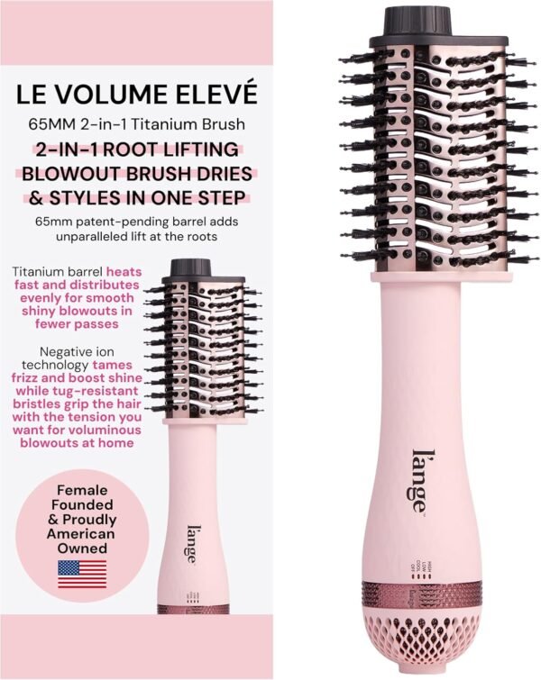 L'ANGE HAIR Le Volume Elevé 65MM 2-in-1 Titanium Brush Dryer | Dry and Style | Unique Teardrop Shape Barrel | 3 Heat Settings | 360° Vented Airflow | Ionic Technology for Frizz-Free Styling (Blush)