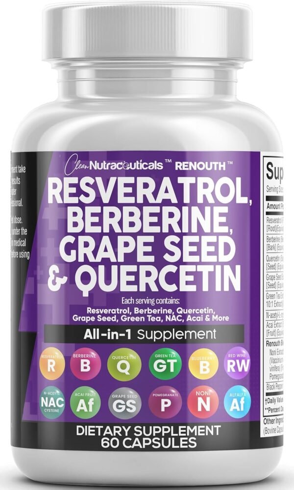 81gvVafW4tL._AC_SL1500_.jpg Clean Resveratrol Supplement | Berberine Grape Seed Extract Quercetin Green Tea Extract Acai Noni Polyphenol Supplement for Women & Men Anti Aging N-Acetyl Cysteine NAD Booster