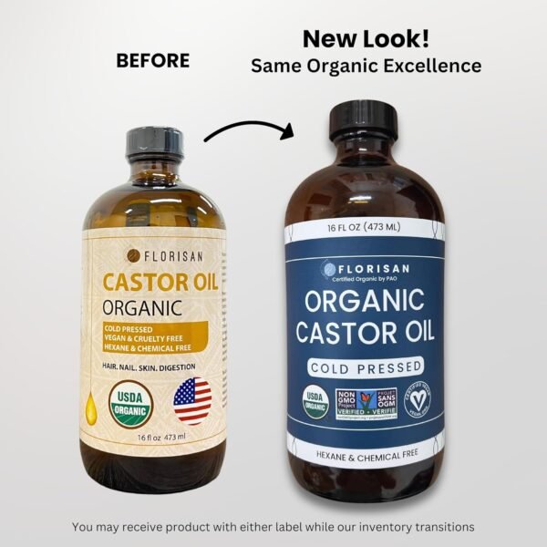 81h6ocULjeL._SL1500_.jpg Florisan Organic Castor Oil 16oz Glass Bottle, Cold Pressed, Hexane-Free, Non-GMO, 100% Pure Castor Oil for Hair Growth, Skin, Lashes, Eyebrows, EWG Verified & USDA Organic Certified