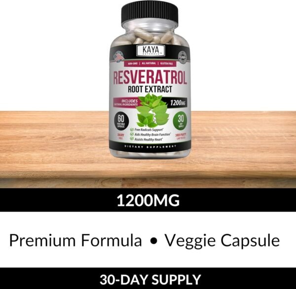 Kaya Naturals - Resveratrol Capsules - Anti Aging Supplement - Antioxidants with Brain Support - Maximum Benefits - 60 Veggies Capsules