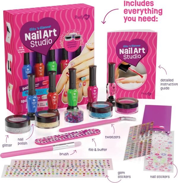 Nail Art Studio for Girls - Birthday Gift - Nail Polish Kit for Kids Ages 7-12 Years Old - Girl Gifts Ideas - Gift Set - Girly Stuff - Polish, Pens, Glitter, Stickers, Gems, Filer - 8 9 10 11 12 Year