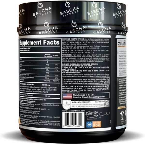 81hXRgwN69L._AC_SL1500_.jpg SASCHA FITNESS Hydrolyzed Multi Collagen Peptides Tipes 1,2 & 3 |Hyaluronic Acid|Biotin |Cynatine HSN|Vitamin C & E |for Hairs, Skin & Bone Support|Caramel Macchiato