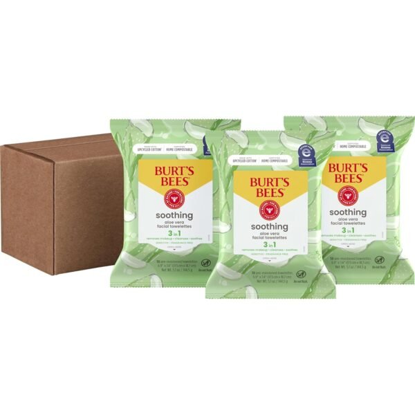 Burt's Bees Aloe Vera Face Wipes, for Sensitive Skin, Soothing Makeup Remover & Facial Cleansing Towelettes, 30 Ct. (3-Pack)