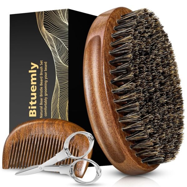 81iN8UmXlrL._SL1500_.jpg Beard Brush, Natural Boar Bristles Beard Brush for Men and Wooden Sandalwood Pocket Beard Comb Set, Facial Hair Grooming Kit with Mustache Scissors as a Styling Tool, Growth, Detangles, Shine