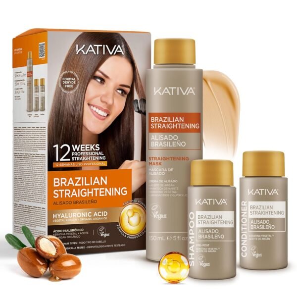 Kativa Brazilian Straightening Kit, 12 Weeks of Home Use Professional Straightening, with Organic Argan Oil, Shea Butter, Keratin & Amino Acids, for Straighter, Softer and Shinier Hair, All Hair Types