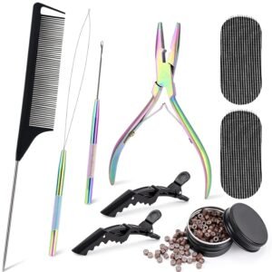 81jDDyjbusL._SL1500_.jpg NEWISHTOOL Hair Extension Tool Kit, Micro Links Beading Pliers, Loop Pulling Hook Threader Bead Device Tool and 300 PCS Silicone Beads Hair Styling Accessories, Micro Rings Feather Extension Tools