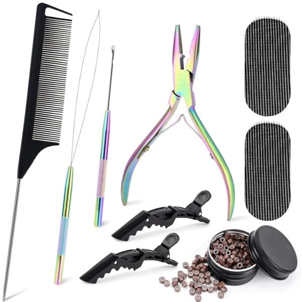 81jDDyjbusL._SL1500_.jpg NEWISHTOOL Hair Extension Tool Kit, Micro Links Beading Pliers, Loop Pulling Hook Threader Bead Device Tool and 300 PCS Silicone Beads Hair Styling Accessories, Micro Rings Feather Extension Tools