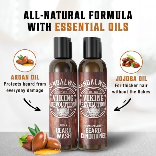 Viking Revolution Beard Wash & Beard Conditioner Set w/Argan & Jojoba Oils - Softens & Strengthens - Natural Beard Shampoo w/Beard Oil Sandalwood (5oz)