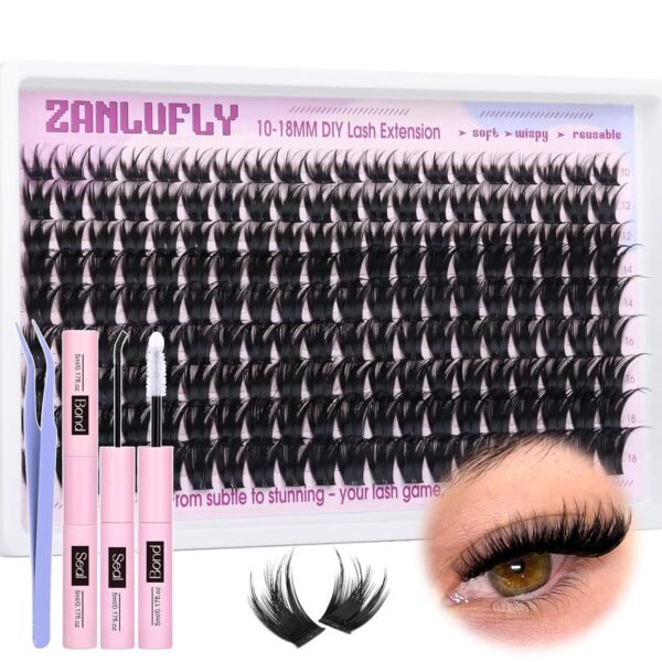 81k3gc1EdDL._SL1500_.jpg Lash Clusters Kit DIY Lash Extension Kit Volume Cluster Eyelash Extension Kit D-curly Individual lashes 10-18MM Wispy Eyelash Clusters with Lash Cluster Glue and Tweezers by zanlufly