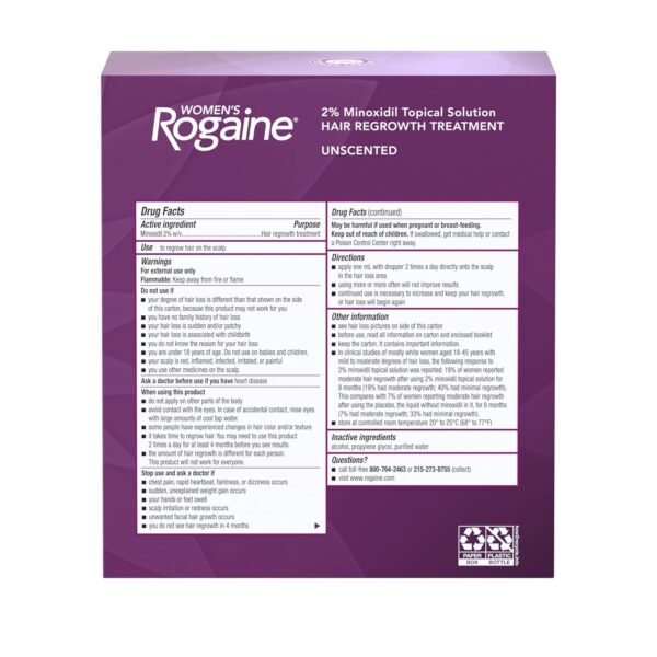 Rogaine Women's 2% Minoxidil Topical Solution for Womens Hair Thinning and Loss & Hair Regrowth, 3-Month Supply, 4 Piece Set, Unscented, 6 Fl Oz