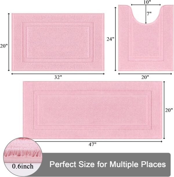 SHACOS Soft Fluffy Bathroom Runner Rugs Set of 3 Bath Mats with U Shape Toilet Rugs Non Slip Washable Bath Rugs Absorbent Bathroom Carpet for Shower Tub, Pink