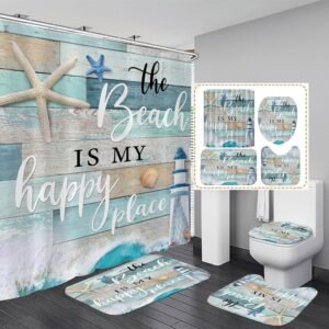 Chrainy 4Pcs Nautical Ocean Shower Curtain Sets Sea Wooden Bathroom Set Decor with Non-Slip Rugs Bath U-Shaped Mat Toilet Lid Cover Starfish Lighthouse Bathroom Curtain Shower Set with 12 Hooks
