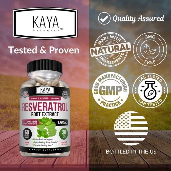 Kaya Naturals - Resveratrol Capsules - Anti Aging Supplement - Antioxidants with Brain Support - Maximum Benefits - 60 Veggies Capsules