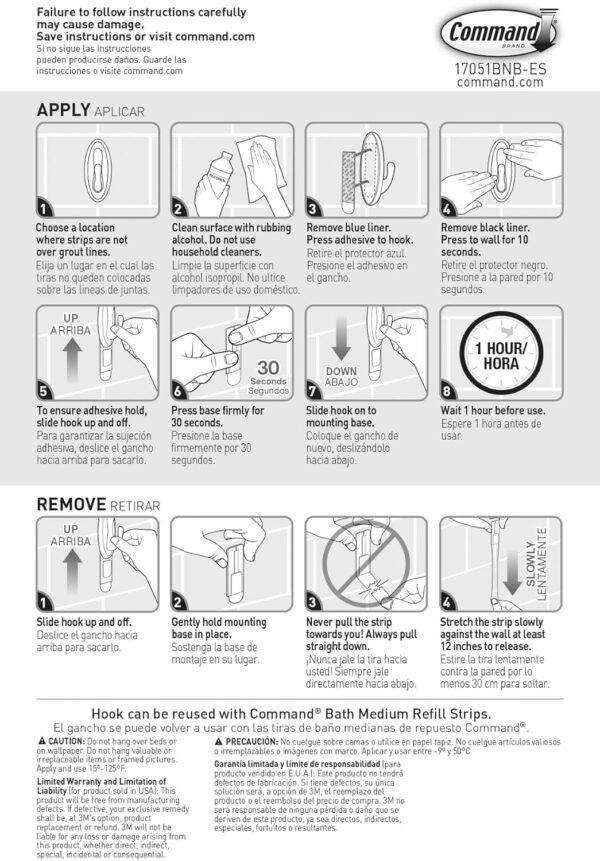 Command Medium Bath Hooks, Holds up to 3 lb, 2 Shower Hooks, 4 Water Resistant Strips, Brushed Nickel Colored, Damage Free Bathroom Organization for Robes, Towels, or Loofahs