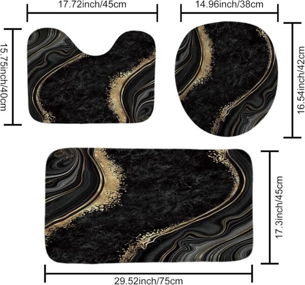 beifivcl 4Pcs Luxury Marble Shower Curtain Sets, Bathroom Sets with Shower Curtain, Toilet Lid Rug, Bath Mat and Contour Mat, Shower Curtain with 12 Hooks for Bathroom Set Decor 72 x 72 Inch, Black﻿
