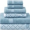 Modern Threads Trefoil Filigree 6-Piece 100% Cotton Towel Set – Reversible Yarn Dyed Jacquard – Includes 2 Bath Towels, 2 Hand Towels, 2 Washcloths – Absorbent, Quick Dry, Soft & Durable – Sky Blue