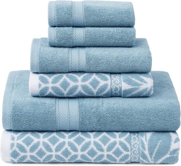 Modern Threads Trefoil Filigree 6-Piece 100% Cotton Towel Set – Reversible Yarn Dyed Jacquard – Includes 2 Bath Towels, 2 Hand Towels, 2 Washcloths – Absorbent, Quick Dry, Soft & Durable – Sky Blue