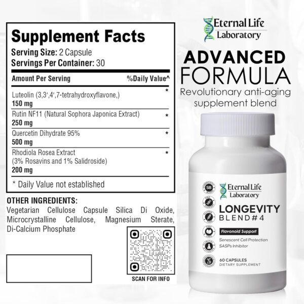 Quercitin, Rhodiola Rosea, Luteolin and Rutin Longevity Blend #4 Anti-Aging Supplement for Cellular Defense with Immunity and Energy Support, Antioxidants