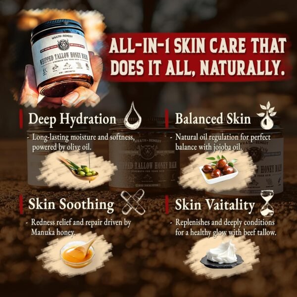 81m3RndDLGL._SL1500_.jpg Wrath & Remedy Handmade Whipped Organic Beef Tallow for Skin - 4 OZ (Unscented) — Grass Fed Beef Tallow Moisturizer and Honey Balm for Silky, Sensitive-Skin, Eczema, Rosacea - Free of Harsh Chemicals
