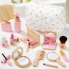 Wooden Makeup Toy Set for Girls Pretend Play Makeup Kit for Toddlers 3-5 with Eyeshadow/ Mascara/ Perfume/ Blush/ Mirror/ Bag, Birthday Gifts for Girls Toys Kids Aged 3 4 5 6 7 8