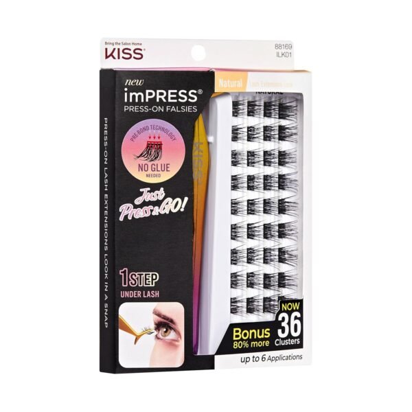 81mAuZSEYDL._SL1500_.jpg KISS imPRESS Falsies Self Adhesive Eyelashes, Press On Lashes, 12mm-14mm Natural Volume Lashes, Black, No Glue Needed, Invisible Band, 36 Lash Clusters & Non-Stick Applicator - Natural