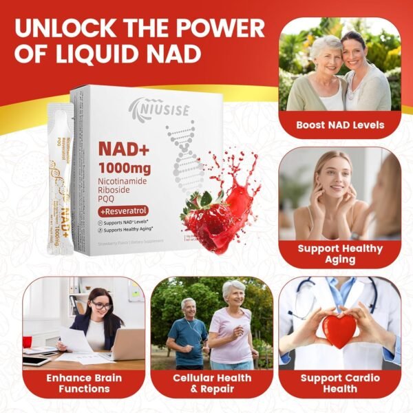 NAD Supplement, NAD+ Liquid, 1000mg Enhanced Formula with PQQ, Nicotinamide Riboside & Resveratrol, Advanced Anti-Aging Support for Men & Women, Sustained Energy, Vitality Boost (30 Packets)