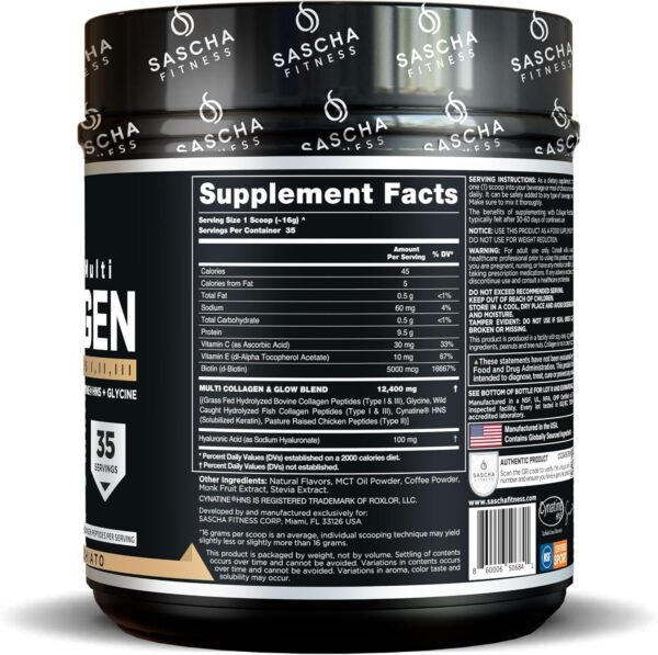 81mmnI-SMaL._AC_SL1500_.jpg SASCHA FITNESS Hydrolyzed Multi Collagen Peptides Tipes 1,2 & 3 |Hyaluronic Acid|Biotin |Cynatine HSN|Vitamin C & E |for Hairs, Skin & Bone Support|Caramel Macchiato